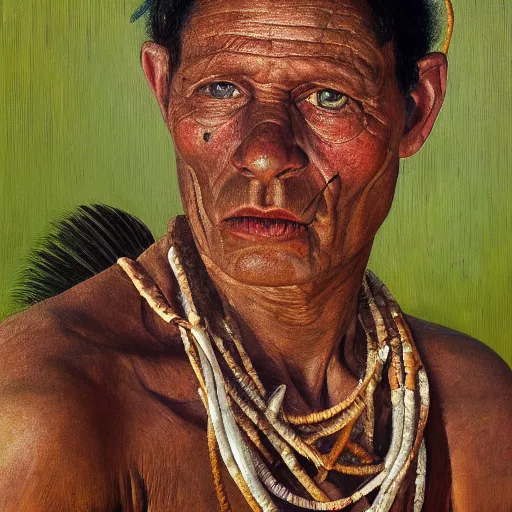 Prompt: high quality high detail painting by lucian freud, hd, portrait of a amazonian tribe leader, photorealistic lighting