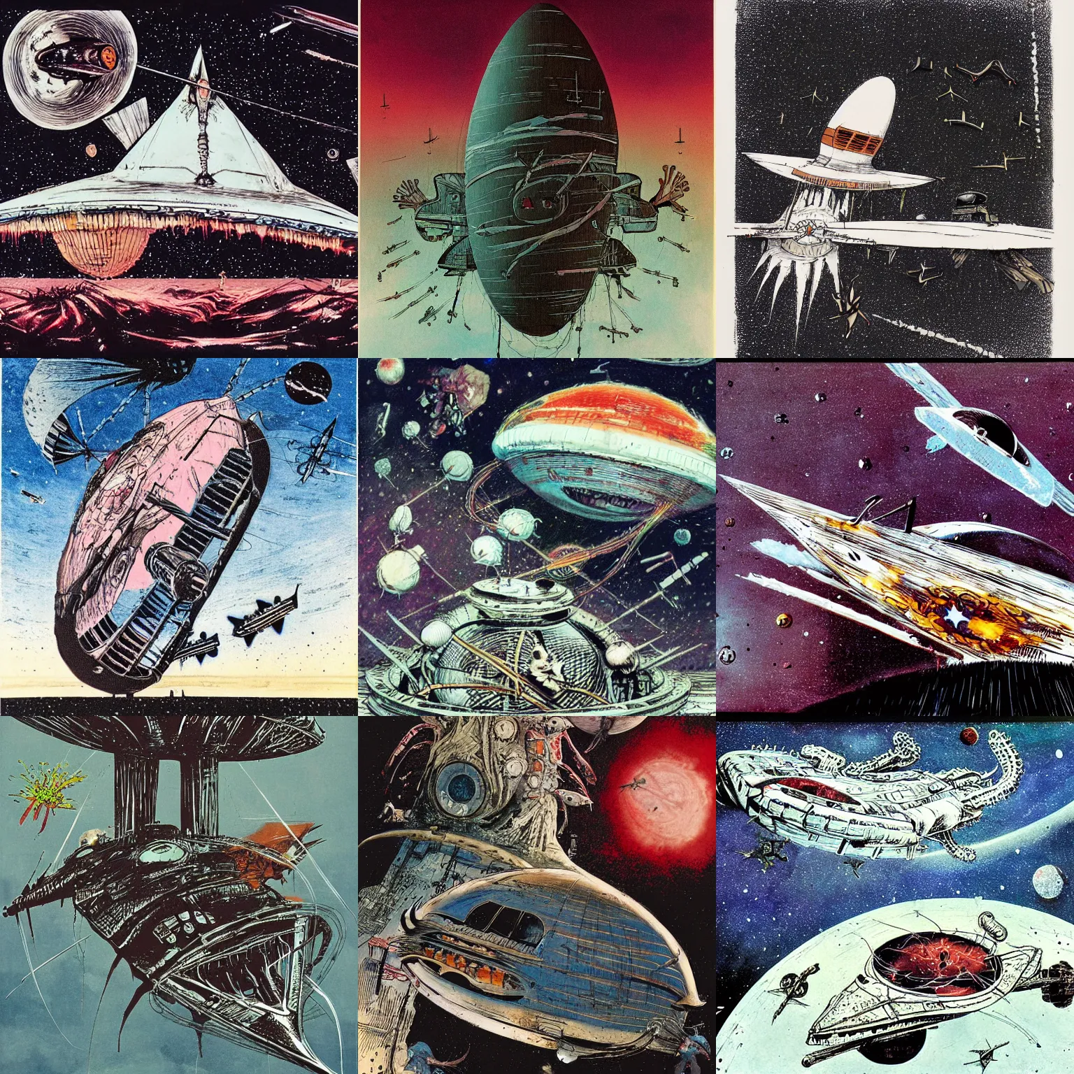 Prompt: Biological spaceship flying past iron stars, by Ralph Steadman, Francis Bacon, Hunter S Thompson