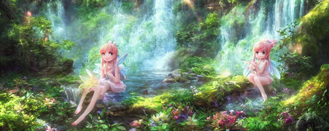 Image similar to adorable forest fairy in garden near waterfall and rainbow during a spring day, chibi, anime, highly detailed, digital painting, artstation, concept art, smooth, sharp focus, illustration, art by yee chong and sydney hanson and rossdraws and greg rutkowski