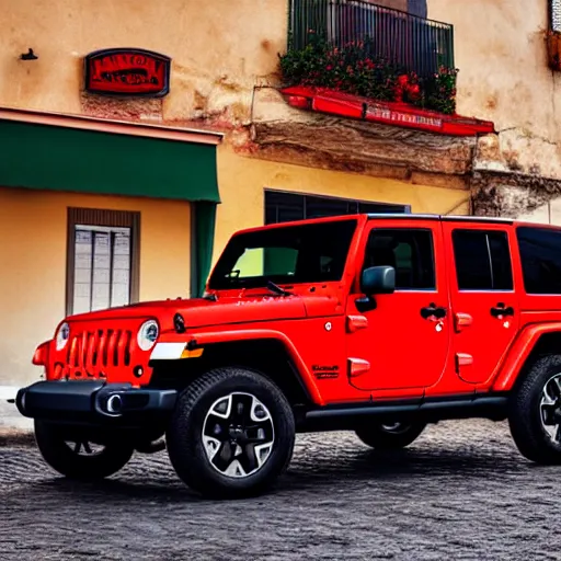 Image similar to Abstract Jeep Wrangler inspired by Italian pizza sauce, in front of a pizza shop in Italy, 4k photography