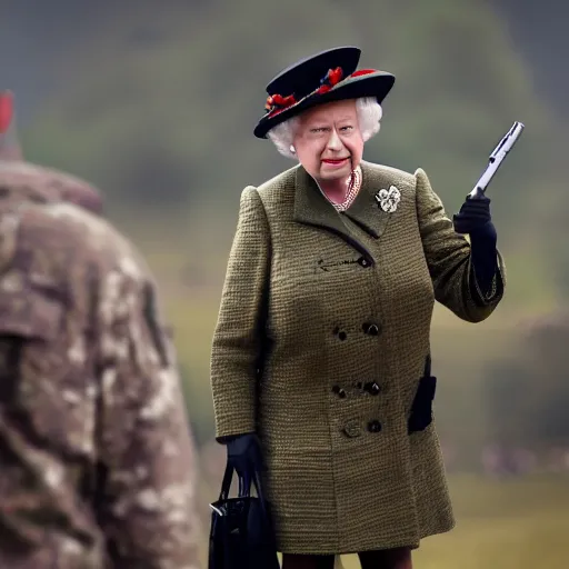 Image similar to Queen Elizabeth II wearing an army uniform while holding a rifle on a battlefield, highly detailed, high quality, HD, 4k, 8k, Canon 300mm, professional photographer, 40mp, lifelike, top-rated, award winning, realistic, sharp, no blur, edited, corrected, trending