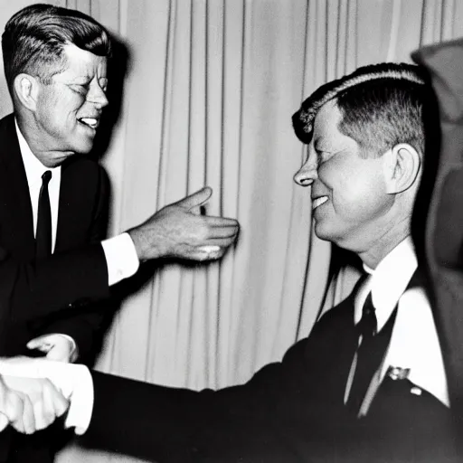 Prompt: president kennedy shaking hands with an alien from outer space