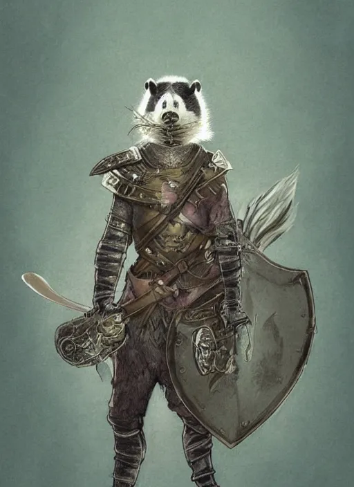 Image similar to a fantasy character illustration portrait of an anthropomorphic badger warrior, by victo ngai, by stephen gammell, by george ault, artstation