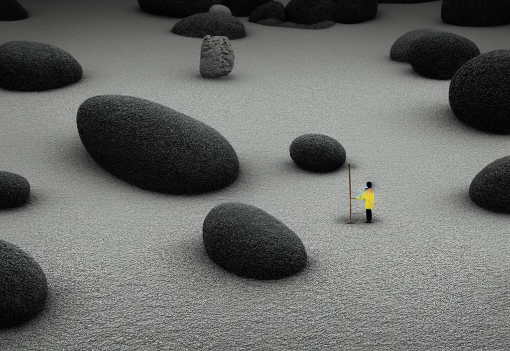 Prompt: a lone priest raking stones in a zen garden kyoto, japan, a collage painting, in the style of wes anderson, lola dupre, david hockney, isolated on negative white space background dark monochrome fluorescent neon spraypaint accents volumetric octane render