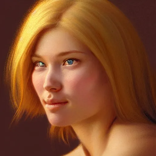 Image similar to Facial portrait of a cute shy woman, looking away from the camera, awkward smile, mouth slightly open, lips slightly parted, long blond hair, no hands visible,, intricate, extremely detailed painting by Henry Justice Ford and by Greg Rutkowski and by Moebius, golden hour