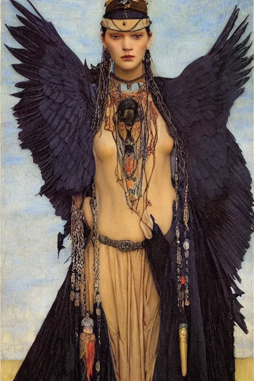 Prompt: a goth shaman with the head of a raven, by Annie Swynnerton and Nicholas Roerich and John Bauer and jean delville and John William Godward and Donato Giancola and Vermeer, black leather and embroidered velvet, iridescent beetles, rich color, dramatic cinematic lighting, featured on Artstation, extremely detailed