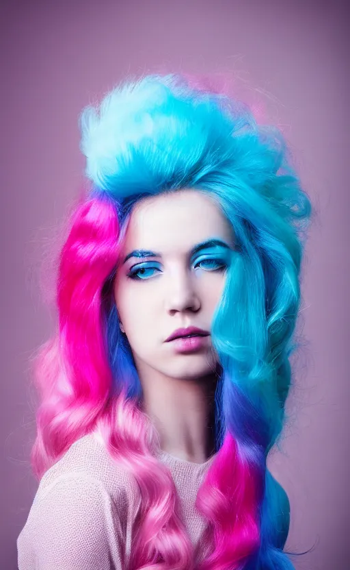 Image similar to a dramatic photo of a beautiful young woman with cotton candy hair. with a little bit of cyan and pink