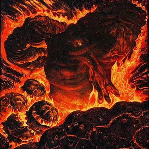 Image similar to nightmarish mutated creatures surrounding magical cursed shimmering lava in an awful hell, by caravaggio