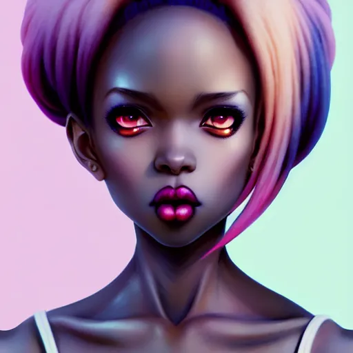 Image similar to portrait of a black anime manga girl, french bob hair, white hair, by artgerm, james jean, tom bagshaw, gerald brom, vaporwave colors, lofi colors, vaporwave, lofi, goth vibe, 4 k, smooth, hd, substance designer render, full body character concept art, symmetrical, 2 point lighting,