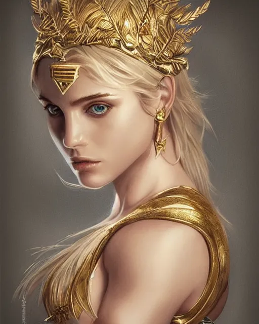 Image similar to tattoo design sketch of cute beautiful blonde super model as aphrodite greek goddess wearing a gold laurel wreath and triangle earrings, beautiful piercing gaze with sharp pupils, in the style of greg rutkowski, fantasy, amazing detail, epic, elegant, smooth, sharp focus, front view