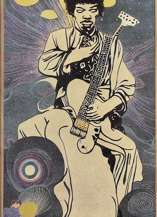 Prompt: jimi hendrix sillhouete, japanese woodblock style, taoist cosmology,