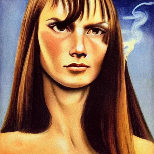 Prompt: portrait of pretty brunette woman, long straight hair with bangs, smoking , richard corben