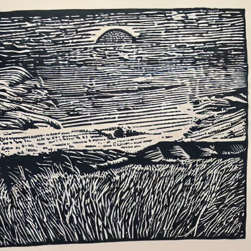 Prompt: the lost county of hookland in a heatwave. lino print