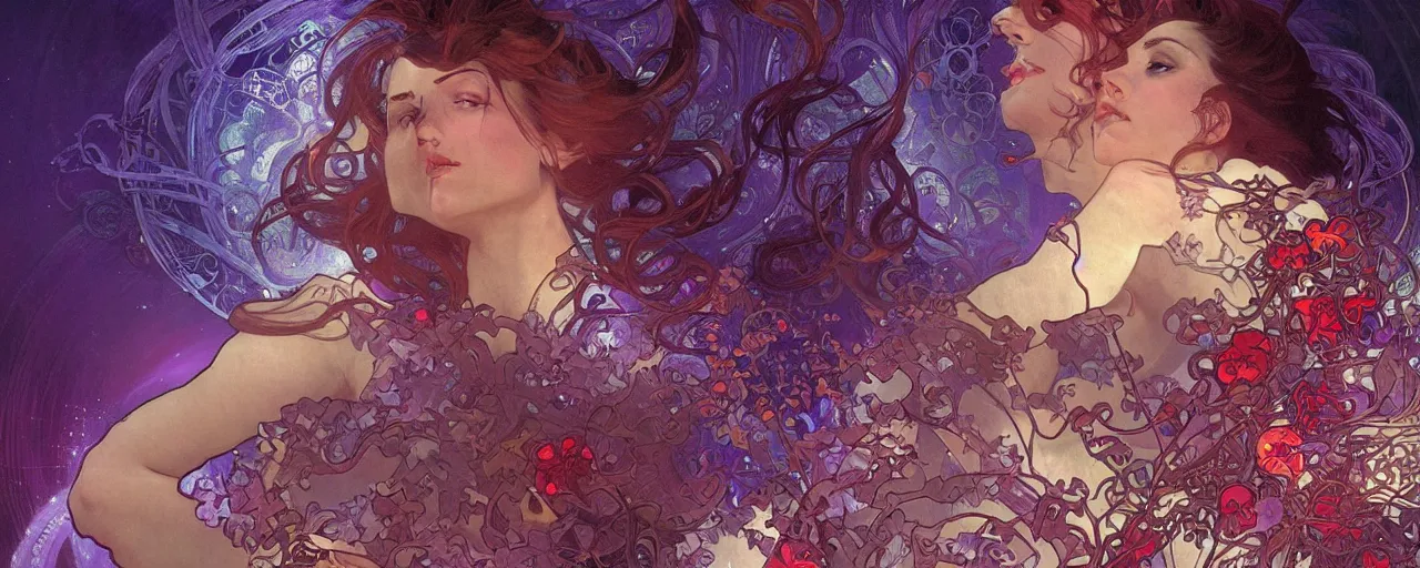 Prompt: she dreams of arcs of purple flame intertwined with glowing sparks, glinting particles of ice, dramatic lighting, steampunk, bright neon, secret holographic cyphers, red flowers, solar flares, intricate art by alphonse mucha and greg rutkowski and ruan jia