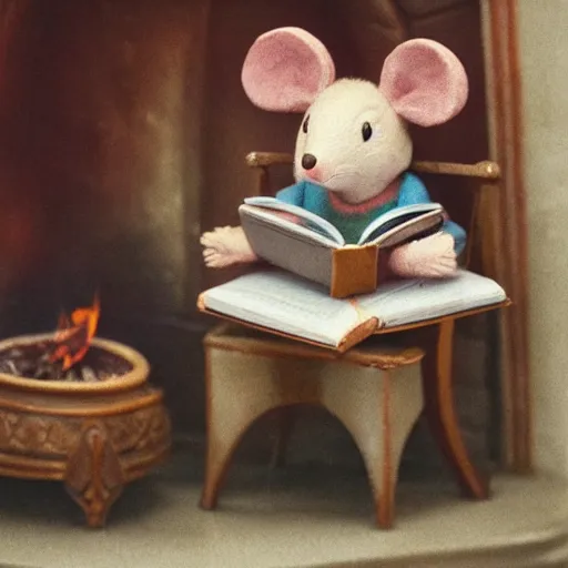 Image similar to an old mouse reading a book in a chair next to a fireplace