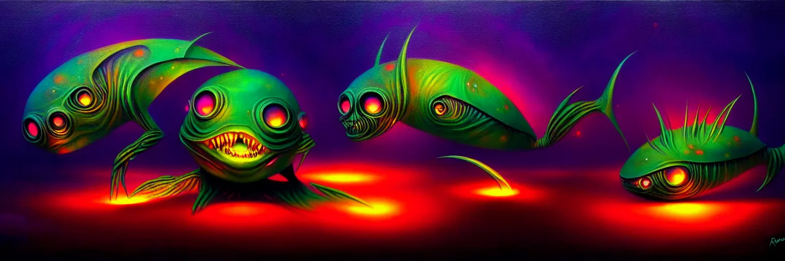 Image similar to strange alien fish creatures from the depths of the collective unconscious, dramatic lighting, surreal darkly colorful painting by ronny khalil