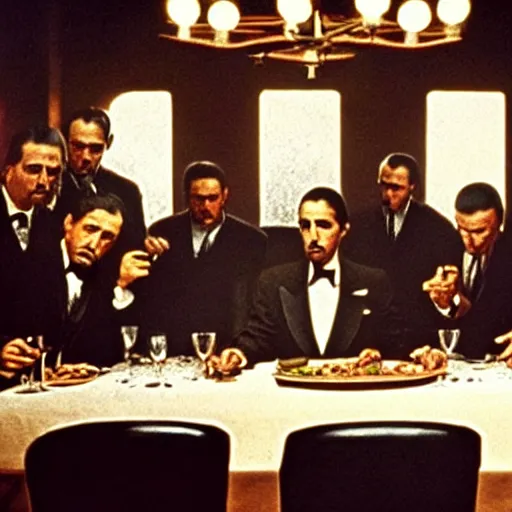 Prompt: the last supper in the godfather movie, Jesus wearing suit, intense scene