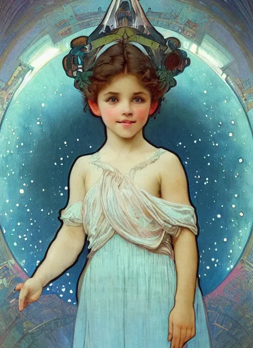 Image similar to a cute little girl with a round cherubic face, blue eyes, and short wavy light brown hair smiles as she floats in space with stars all around her. she is wearing a turquoise dress. beautiful painting by alphonse mucha and artgerm and greg rutkowski