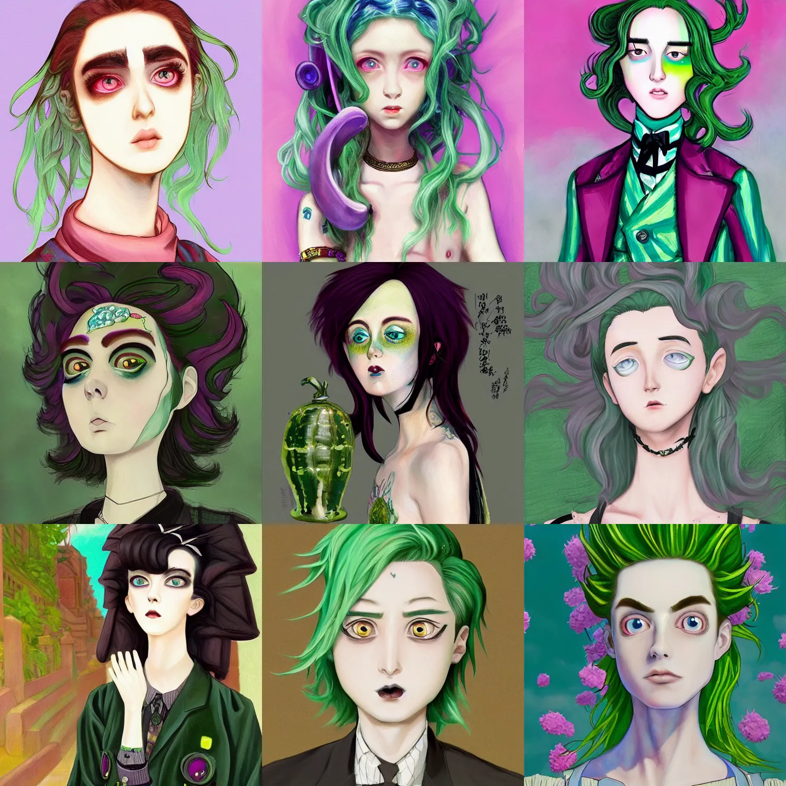 Prompt: Pickle Rick as a beautiful man, non-binary, androgynous, cool tousled hair, style is a blend of John singer Sargent paintings and Japanese shoujo manga, inspired by pastel goth, pre-raphaelite paintings, harajuku street fashion, photorealistic art, insanely beautiful and detailed illustration