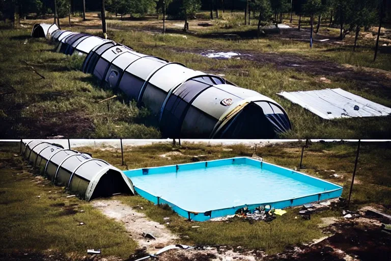 Prompt: post apocalyptic empty over grown swimming pool being used as shelter, barrel fires and tents