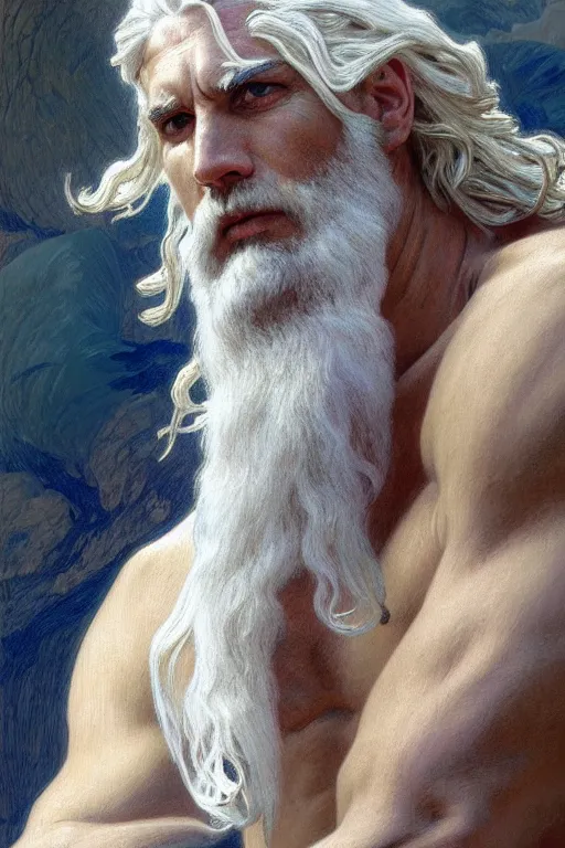 Prompt: painted portrait of rugged zeus, god of thunder, greek god, white hair, masculine, powerful, handsome, opulent, upper body, white robe, muscular, hairy torso, fantasy, intricate, elegant, highly detailed, digital painting, artstation, concept art, smooth, sharp focus, illustration, art by gaston bussiere and alphonse mucha