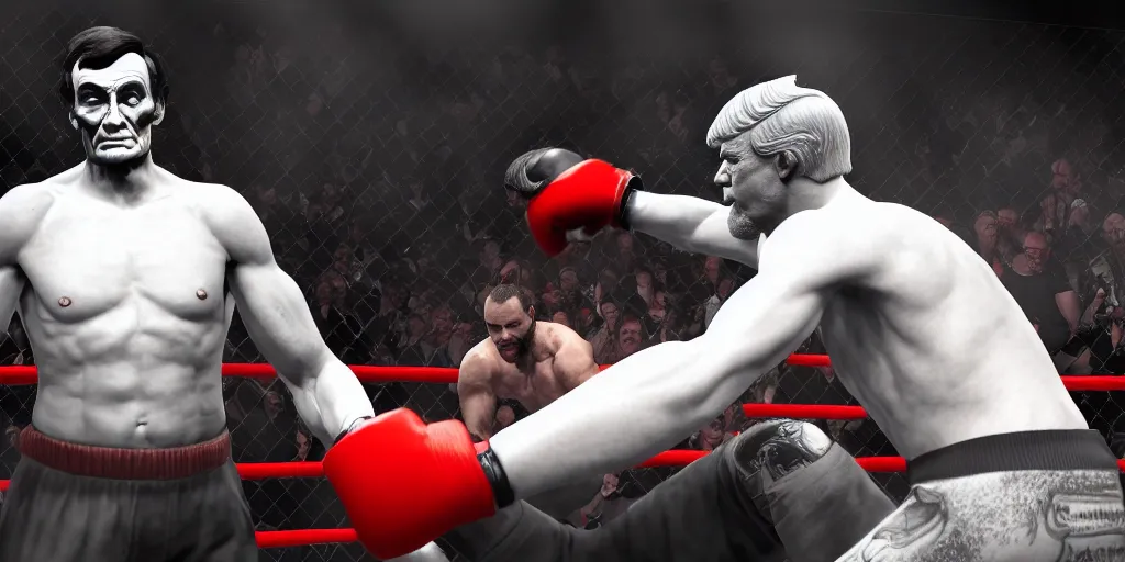 Prompt: abraham lincoln in an mma fight vs donald trump, platinum unreal engine 6, epic game graphics, fantasy, cyberpunk, conceptual art, ray tracing