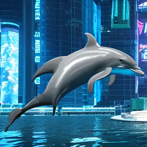 Prompt: a dolphin in cyberpunk outfit, cinematic