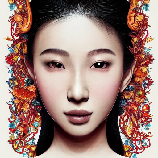 Image similar to the portrait of a beautiful and elegant young asian woman made up of peppers, an ultrafine detailed illustration by james jean, intricate linework, bright colors, final fantasy, behance contest winner, vanitas, angular, altermodern, unreal engine 5 highly rendered, global illumination, radiant light, detailed and intricate environment