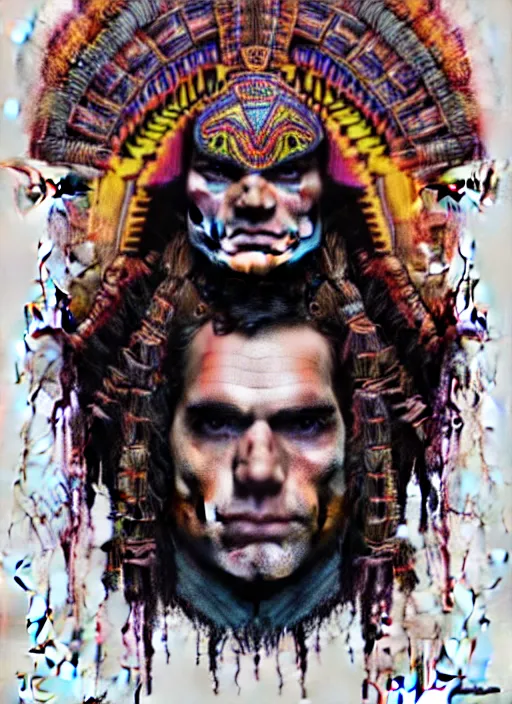 Prompt: portrait of henry cavill, hyper detailed ultra sharp aztec shaman warrior. trending on artstation, warpaint aesthetic, bloodwave, colorful, psychedelic, ornate, intricate, digital painting, concept art, smooth, sharp focus, illustration, art by artgerm and greg rutkowski and h. r. giger, 8 k