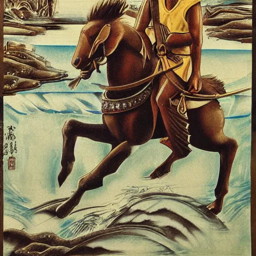 Prompt: a exotic metro pollynsdian warrior riding horse through a river, painted by jorgihno gisbana and takashi tokyo, style of ultra capitalism surrealism, surrealist artwork, ancho socialist styling