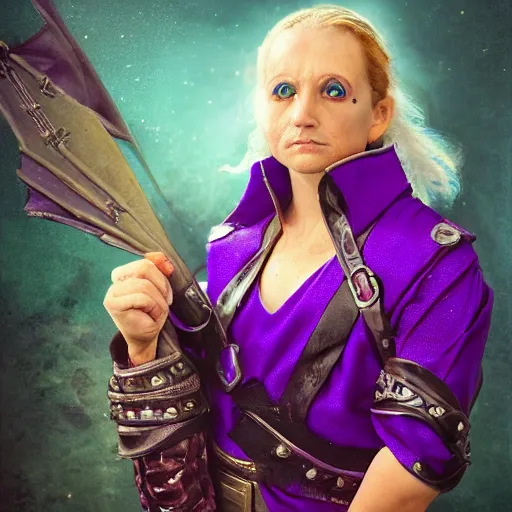 Prompt: a portrait photo of a fantasy mythical futuristic sci - fi pirate, purple themed