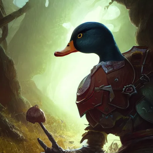 Image similar to Duck in armor, portrait, woods, magic the gathering artwork, D&D, fantasy, cinematic lighting, centered, symmetrical, highly detailed, digital painting, artstation, concept art, smooth, sharp focus, illustration, volumetric lighting, epic Composition, 8k, art by Akihiko Yoshida and Greg Rutkowski and Craig Mullins, oil painting, cgsociety