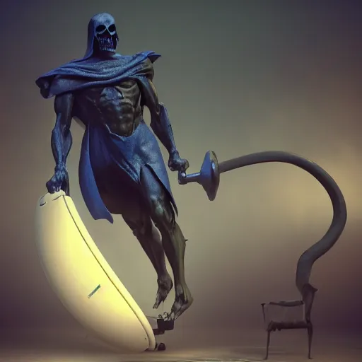 Image similar to a grim reaper carrying a crt monitor. the monitor has a blue screen with white letters. by frank frazetta, simon bisley, brom, concept art, octane render, unreal engine 5, highly detailed, high quality, 8 k, soft lighting, realistic face, path traced