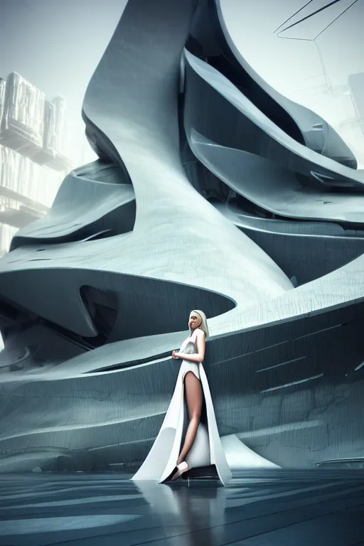 Prompt: a futuristic scene with an log blonde haired woman in a white flowing dress, in front of a zaha hadid building, cinematic matte painting, extreme detail photo quality, dark moody colors, featured on behance