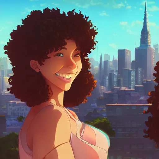 Prompt: a beautiful woman with Beautiful smile and afro hair , dark brown hair and tan skin, dark brown eyes, city landscape, 4k, anime key visual, lois van baarle, ilya kuvshinov, rossdraws, artstation