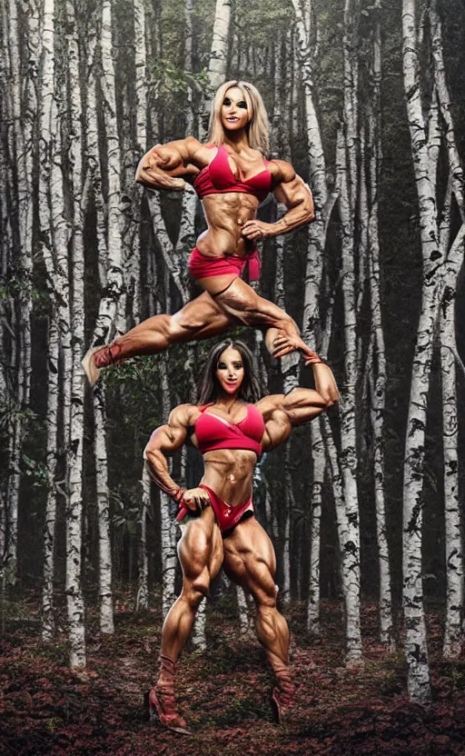 Prompt: photo of several female bodybuilders posing in a birch forest, beautiful detailed face, ultra realistic, concept art, intricate details, serious, highly detailed, photorealistic, octane render, 8 k, unreal engine, art by todd mcfarlane