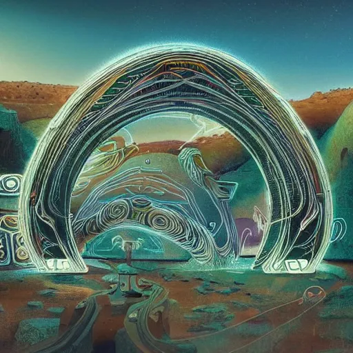 Image similar to a gigantic paleolothic torus made of stone with highly detailed carvings of intricate shamanic robotic electronics and circuitry, in a mediterranean lanscape, inside a valley overlooking the sea, in the style of syd mead