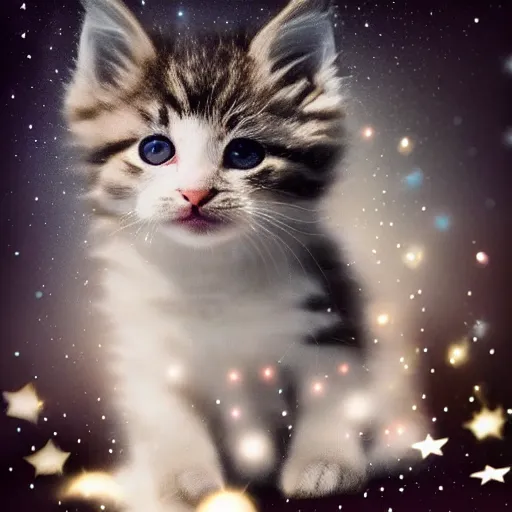 Prompt: !dream Photo of a cute extremely fluffy kitten playing with light double exposed with stars. Light painting. Bokeh. Whimsical. Magical.