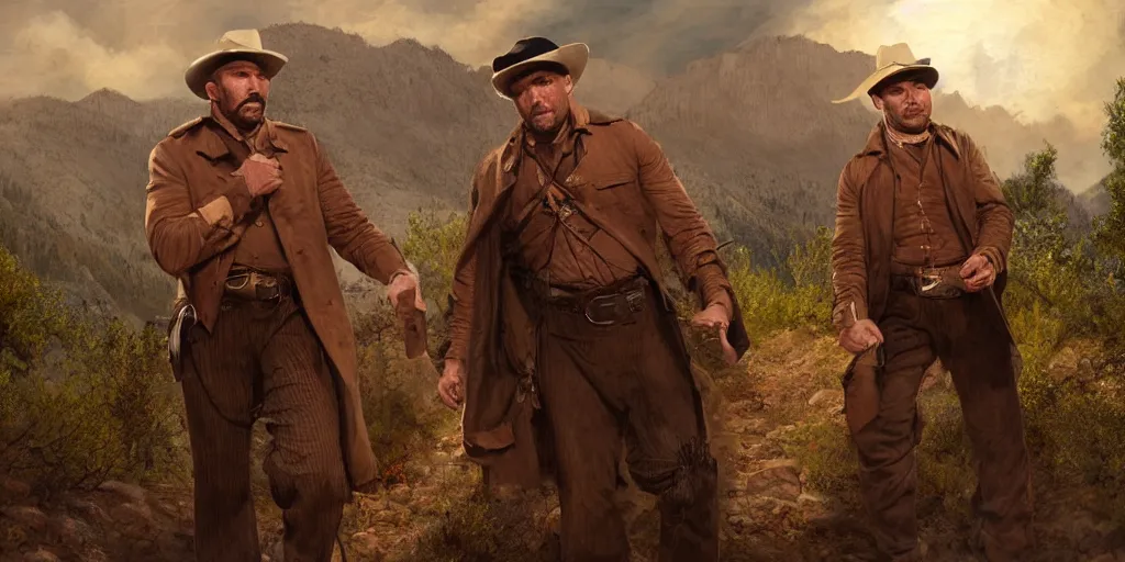 Prompt: digital painting of Holt McCallany and Dave Bautista as old-west-bandits on the mountain-trail, grim, volumetric lighting