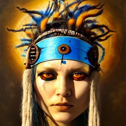 Image similar to A young blindfolded shaman woman with a decorated headband, in the style of heilung, blue hair dreadlocks and wood on her head., made by karol bak