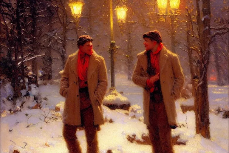 Image similar to winter, attractive male, neon light, painting by gaston bussiere, craig mullins, j. c. leyendecker