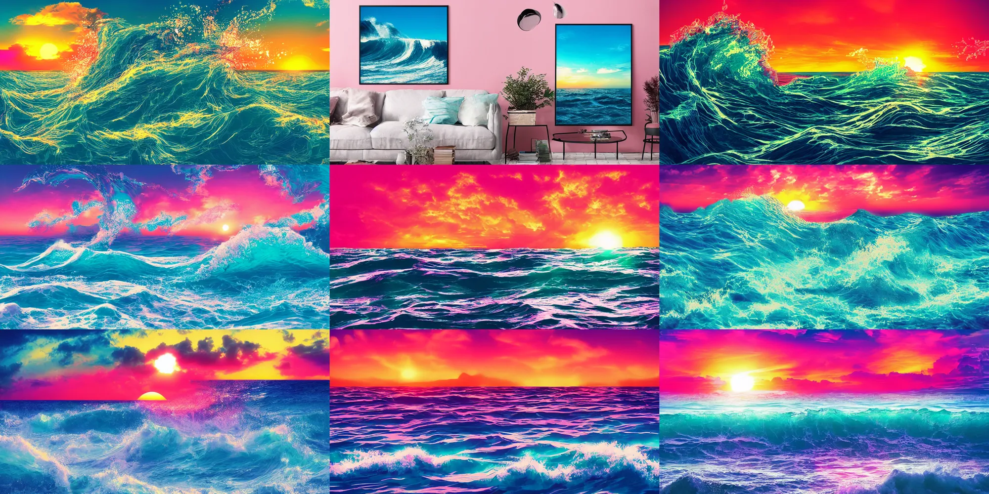 Prompt: vaporwave sunset, waves crashing in the sea, glitch art aesthetic, high gloss poster