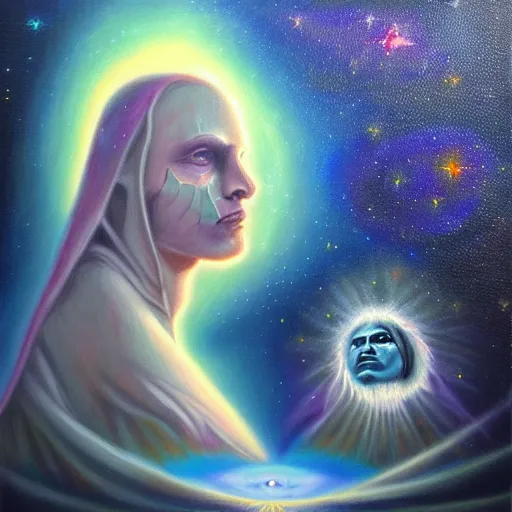 Image similar to facing the evil darkness galactic nebular astral realm sacred journey in oil painting, trending on artstation, award winning, emotional, highly detailed surrealist art