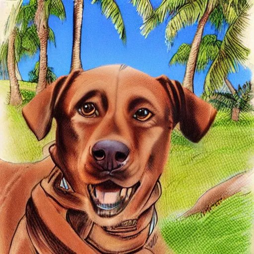 Prompt: a brown labrador with a hawaii shirt, artwork by don bluth,