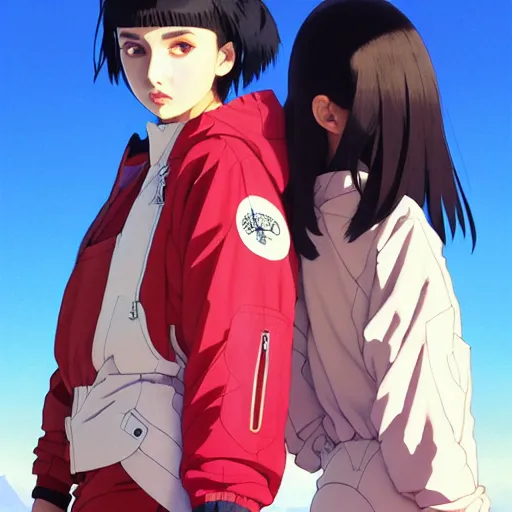 Image similar to a beautiful boyish natalie portman gravure model, wearing oversized mayan bomber jacket and leotard with overalls, bulky poofy bomber jacket with mesoamerican patterns, mesoamerican street fashion, gapmoe yandere grimdark, trending on pixiv fanbox, painted by greg rutkowski makoto shinkai takashi takeuchi studio ghibli, akihiko yoshida