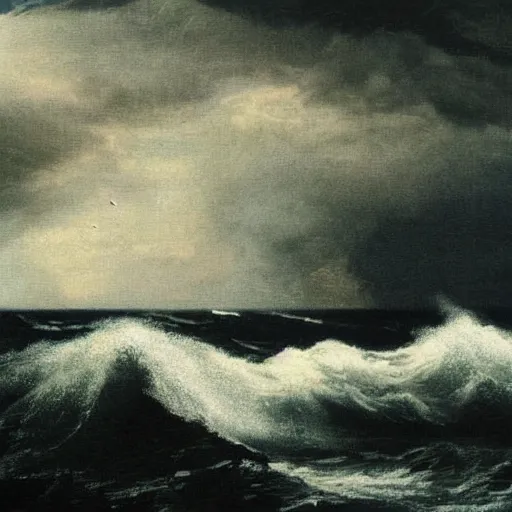 Image similar to A beautiful experimental art of a raging storm at sea, with huge waves crashing against the rocks. The sky is dark and ominous, and the sea is rough and choppy. by Desmond Morris offhand