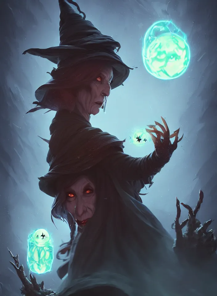 Image similar to terrible mad witch, the ghost of an old woman, cinematic view, by dom qwek, fish eye view, trending on polycount, artstation, 3 d hammer modeling, hd, vray, 8 k, sharp high quality artwork in style of greg rutkowski, concept art, blizzard warcraft artwork, hearthstone card artwork