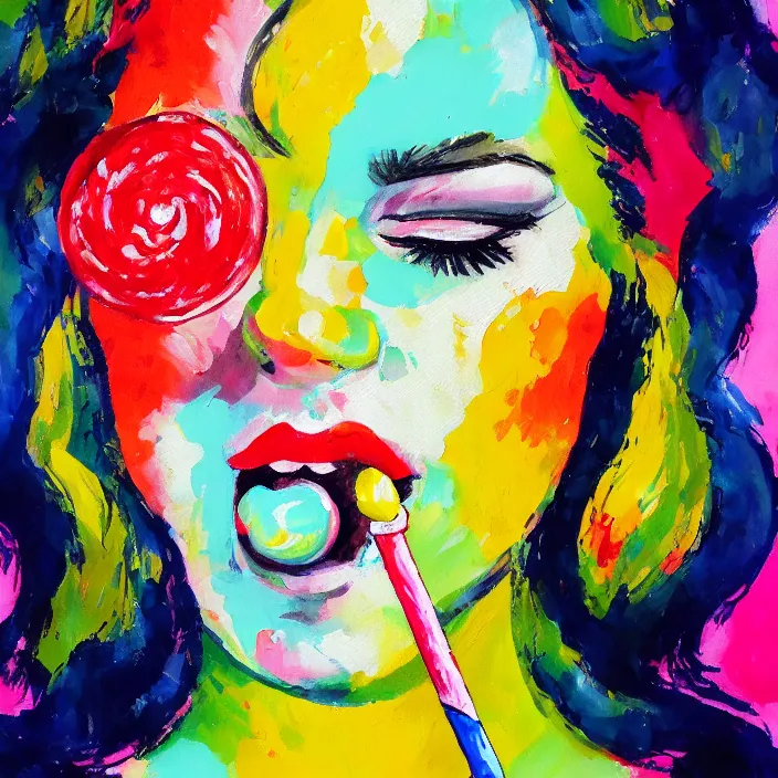 Prompt: portrait of beautiful woman licking a lollipop painted with colorful gouache impasto