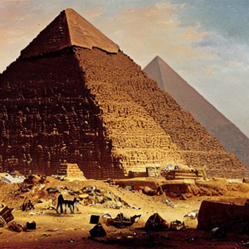 Image similar to The pyramids of Giza turned into a garbage dump, oil painting by Albert Bierstadt