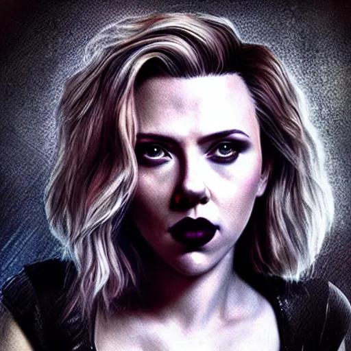 Image similar to “Scarlett Johansson portrait, dystopia core, goth, punk, apocalyptic, planets, space, hero, planets, powerful, epic, game”